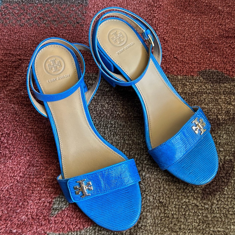 Tory Burch Kira 65MM Sandal Tejus Embossed Leather Heel in Bright Tropical Blue
